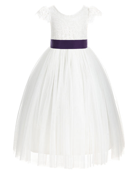 Ivory Cap Sleeves V-Back Lace Flower Girl Dress Special Occasions Junior Bridesmaid Gown 622T(1)