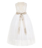 Ivory Scalloped V-Back Lace A-Line Flower Girl Dress with Colored Sash Social Events Parties 207R3