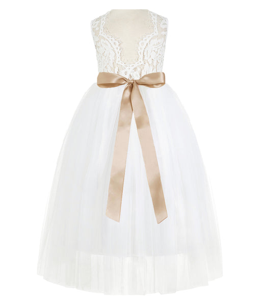 White Scalloped V-Back Lace A-Line Flower Girl Dress with Colored Sash Social Events Parties 207R3