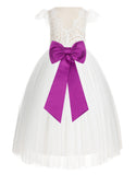 Ivory Cap Sleeves V-Back Lace Flower Girl Dress Special Occasions Junior Bridesmaid Gown 622T(1)