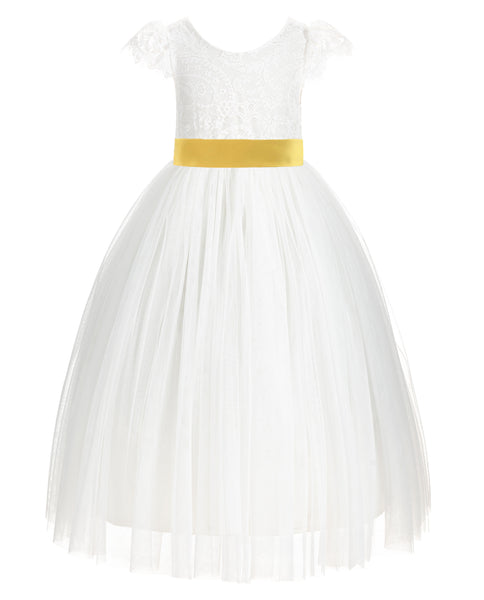 Ivory Cap Sleeves V-Back Lace Flower Girl Dress Special Occasions Junior Bridesmaid Gown 622T(3)