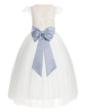 Ivory Cap Sleeves V-Back Lace Flower Girl Dress Special Occasions Junior Bridesmaid Gown 622T(2)