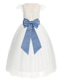 Ivory Cap Sleeves V-Back Lace Flower Girl Dress Special Occasions Junior Bridesmaid Gown 622T(2)