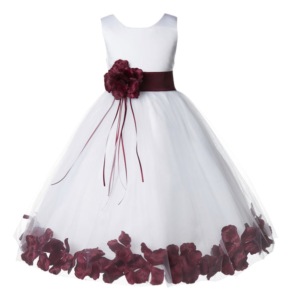 White Tulle Floral Rose Petals Princess Wedding Pageant Recital Birthday Flower Girl Dress 007(2)