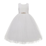 Long Length Floral Lace Heart Shaped Cutout Flower Girl Dress with Rhinestone Sash Ballroom 172R1