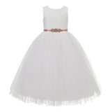 Long Length Floral Lace Heart Shaped Cutout Flower Girl Dress with Rhinestone Sash Ballroom 172R1