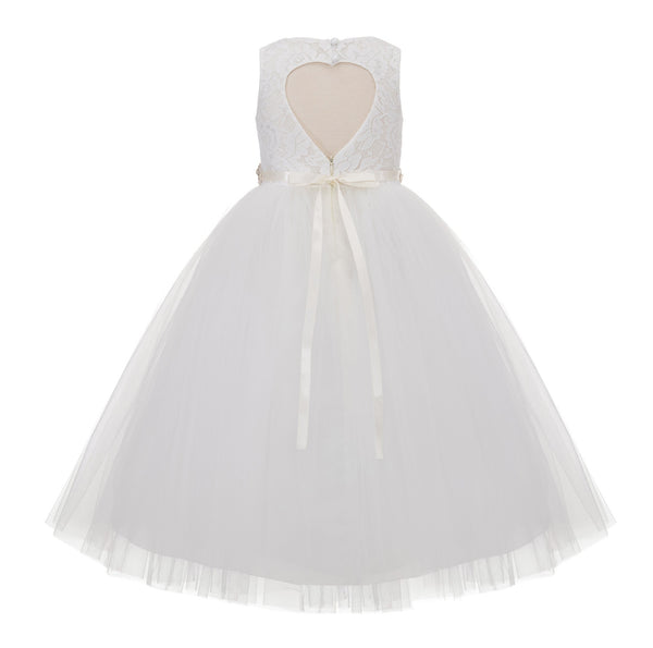 Lace Heart Cutout Back Flower Girl Dress with Rhinestone Sash Communion Baptism Christening 172R2