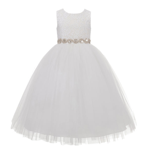 Lace Heart Cutout Back Flower Girl Dress with Rhinestone Sash Communion Baptism Christening 172R2