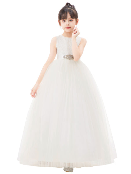 Heart Cutout Floral Lace Flower Girl Dress with Rhinestone Sash Junior Bridesmaid Gown Toddler 172R3