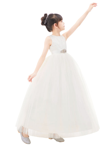 Heart Cutout Floral Lace Flower Girl Dress with Rhinestone Sash Junior Bridesmaid Gown Toddler 172R3