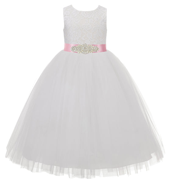 Heart Cutout Floral Lace Flower Girl Dress with Rhinestone Sash Junior Bridesmaid Gown Toddler 172R3