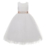 Heart Cutout Floral Lace Flower Girl Dress with Rhinestone Sash Junior Bridesmaid Gown Toddler 172R3