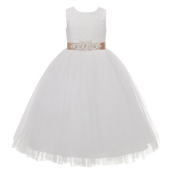 Heart Cutout Floral Lace Flower Girl Dress with Rhinestone Sash Junior Bridesmaid Gown Toddler 172R3