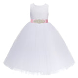 Heart Cutout Floral Lace Flower Girl Dress with Rhinestone Sash Junior Bridesmaid Gown Toddler 172R3