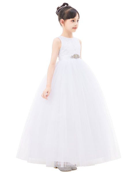 Heart Cutout Floral Lace Flower Girl Dress with Rhinestone Sash Junior Bridesmaid Gown Toddler 172R3