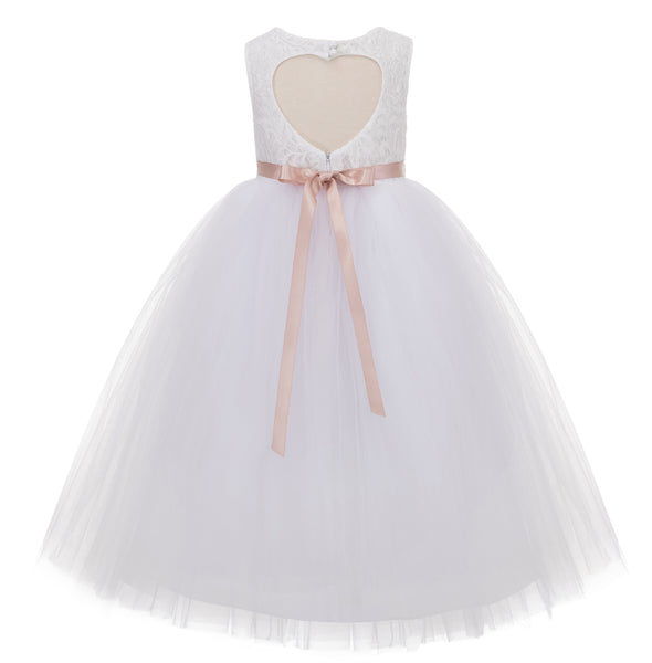 Long Length Floral Lace Heart Shaped Cutout Flower Girl Dress with Rhinestone Sash 172R5thin