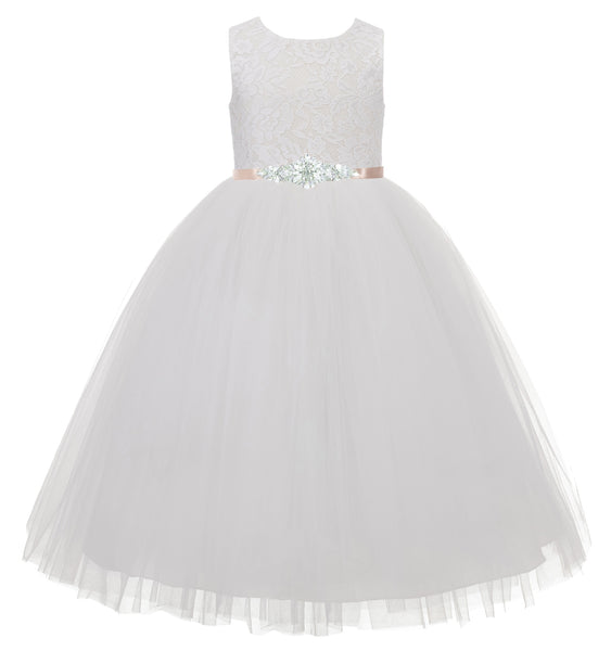 Long Length Floral Lace Heart Shaped Cutout Flower Girl Dress with Rhinestone Sash 172R5thin