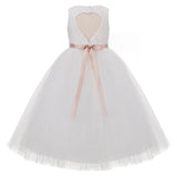 Long Length Floral Lace Heart Shaped Cutout Flower Girl Dress with Rhinestone Sash 172R5thin