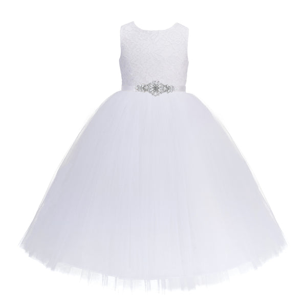 Long Length Floral Lace Heart Shaped Cutout Flower Girl Dress with Rhinestone Sash 172R5thin