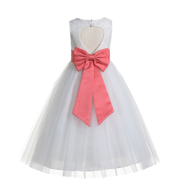 White Floral Lace Heart Cutout Flower Girl Dress Communion Baptism Junior Bridesmaid Dress 172T(3)