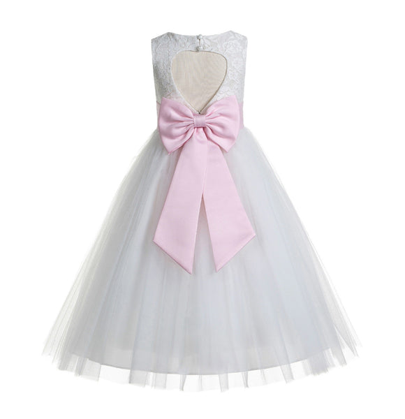 White Floral Lace Heart Cutout Flower Girl Dress Communion Baptism Junior Bridesmaid Dress 172T(1)