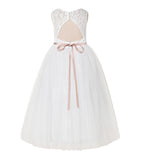 A-Line Lace Tulle Keyhole Back Flower Girl Dress with Rhinestone Sash for Pretty Princesses 178R1