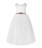 A-Line Lace Tulle Keyhole Back Flower Girl Dress with Rhinestone Sash for Pretty Princesses 178R1