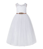 A-Line Lace Tulle Keyhole Back Flower Girl Dress with Rhinestone Sash for Pretty Princesses 178R1