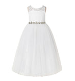 Illusion Lace Tulle Keyhole Back Flower Girl Dress with Rhinestone Sash Junior Bridesmaid 178R2