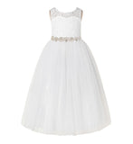 Illusion Lace Tulle Keyhole Back Flower Girl Dress with Rhinestone Sash Junior Bridesmaid 178R2