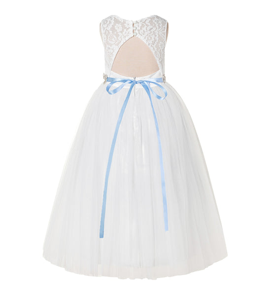 Illusion Lace Tulle Keyhole Back Flower Girl Dress with Rhinestone Sash Junior Bridesmaid 178R2