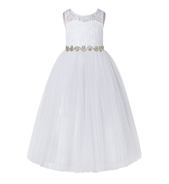 Illusion Lace Tulle Keyhole Back Flower Girl Dress with Rhinestone Sash Junior Bridesmaid 178R2