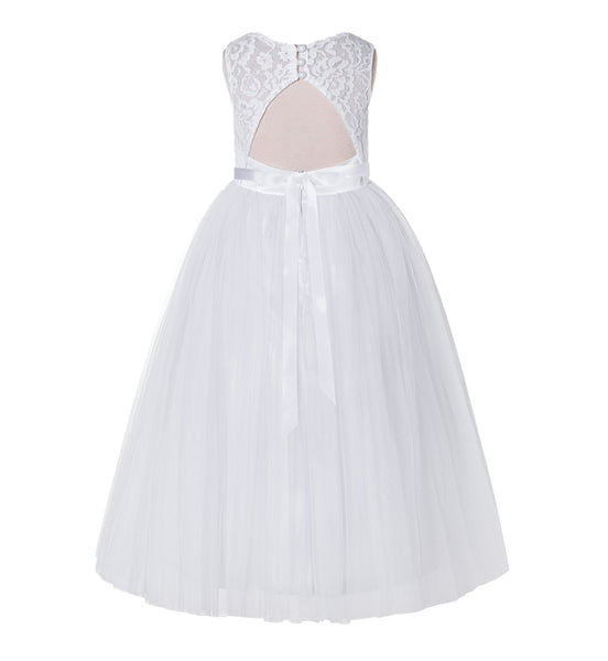 Illusion Lace Tulle Keyhole Back Flower Girl Dress with Rhinestone Sash Junior Bridesmaid 178R2