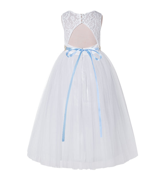 Illusion Lace Tulle Keyhole Back Flower Girl Dress with Rhinestone Sash Junior Bridesmaid 178R2