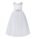 Floral Lace Keyhole Back Flower Girl Dresses with Rhinestone Beaded Sash for Wedding Pageants 178R3