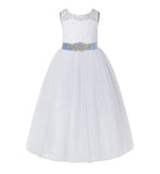 Floral Lace Keyhole Back Flower Girl Dresses with Rhinestone Beaded Sash for Wedding Pageants 178R3