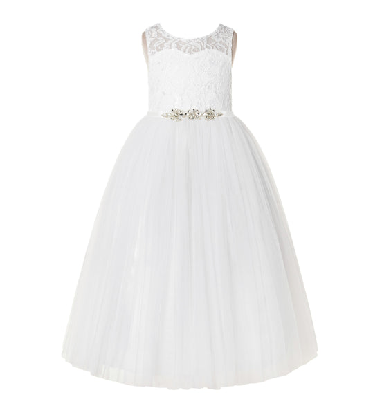 Illusion Lace Scoop Neck A-Line Flower Girl Dresses with Rhinestone Sash for Ballroom Dance 178R4