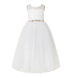 Illusion Lace Scoop Neck A-Line Flower Girl Dresses with Rhinestone Sash for Ballroom Dance 178R4