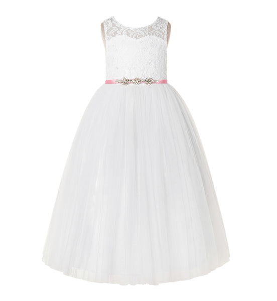 Illusion Lace Scoop Neck A-Line Flower Girl Dresses with Rhinestone Sash for Ballroom Dance 178R4