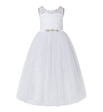 Illusion Lace Scoop Neck A-Line Flower Girl Dresses with Rhinestone Sash for Ballroom Dance 178R4