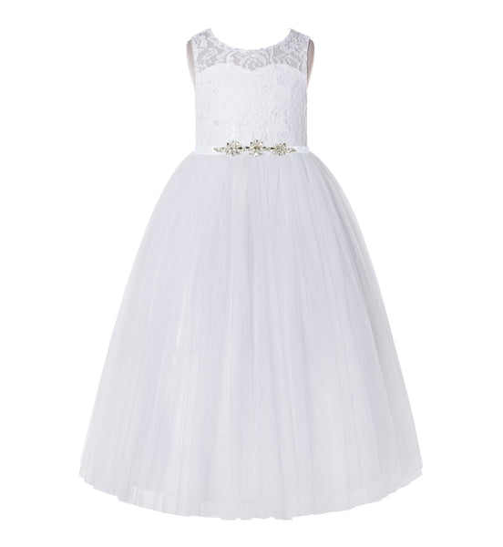 Illusion Lace Scoop Neck A-Line Flower Girl Dresses with Rhinestone Sash for Ballroom Dance 178R4