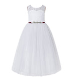 Illusion Lace Scoop Neck A-Line Flower Girl Dresses with Rhinestone Sash for Ballroom Dance 178R4