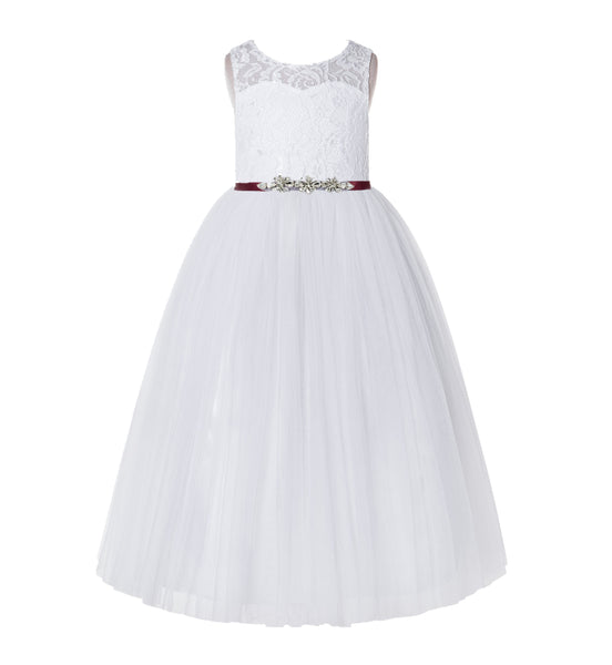 Illusion Lace Scoop Neck A-Line Flower Girl Dresses with Rhinestone Sash for Ballroom Dance 178R4