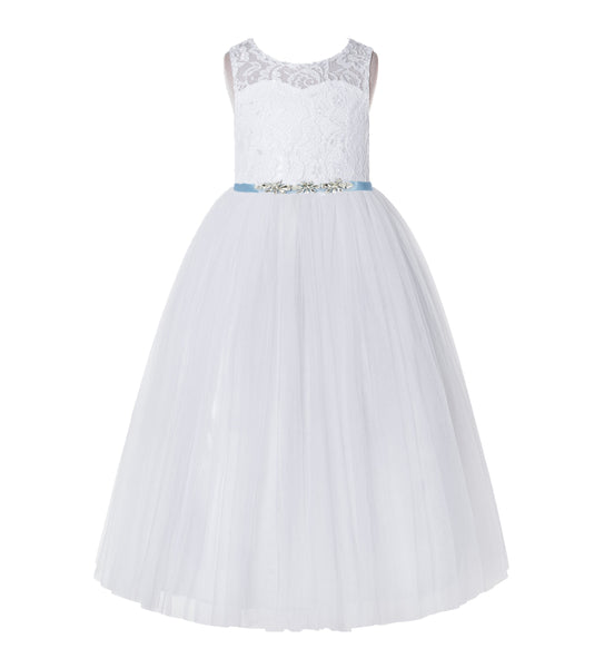 Illusion Lace Scoop Neck A-Line Flower Girl Dresses with Rhinestone Sash for Ballroom Dance 178R4