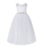 Illusion Lace Scoop Neck A-Line Flower Girl Dresses with Rhinestone Sash for Ballroom Dance 178R4