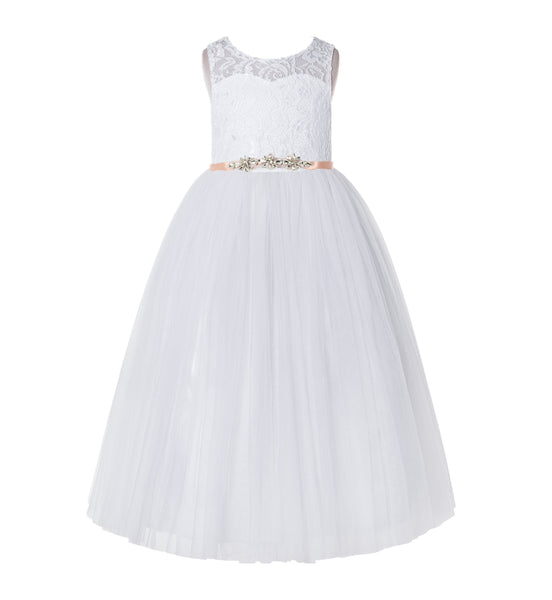 Illusion Lace Scoop Neck A-Line Flower Girl Dresses with Rhinestone Sash for Ballroom Dance 178R4