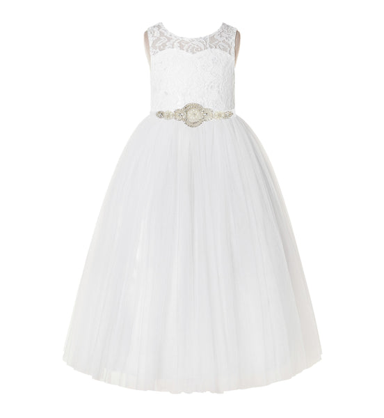 Open Back A-Line Lace Tulle Flower Girl Dress with Rhinestone Beaded Sash for Dance Recital 178R7