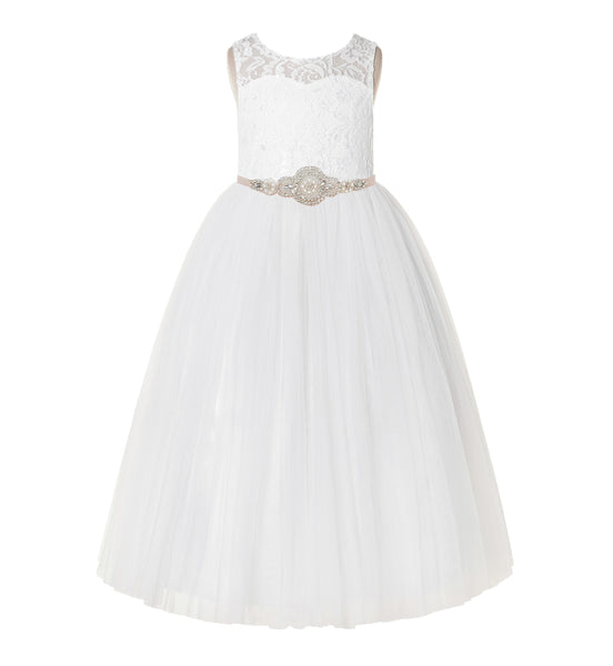 Open Back A-Line Lace Tulle Flower Girl Dress with Rhinestone Beaded Sash for Dance Recital 178R7