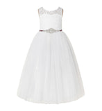 Open Back A-Line Lace Tulle Flower Girl Dress with Rhinestone Beaded Sash for Dance Recital 178R7