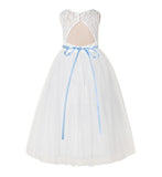 Open Back A-Line Lace Tulle Flower Girl Dress with Rhinestone Beaded Sash for Dance Recital 178R7